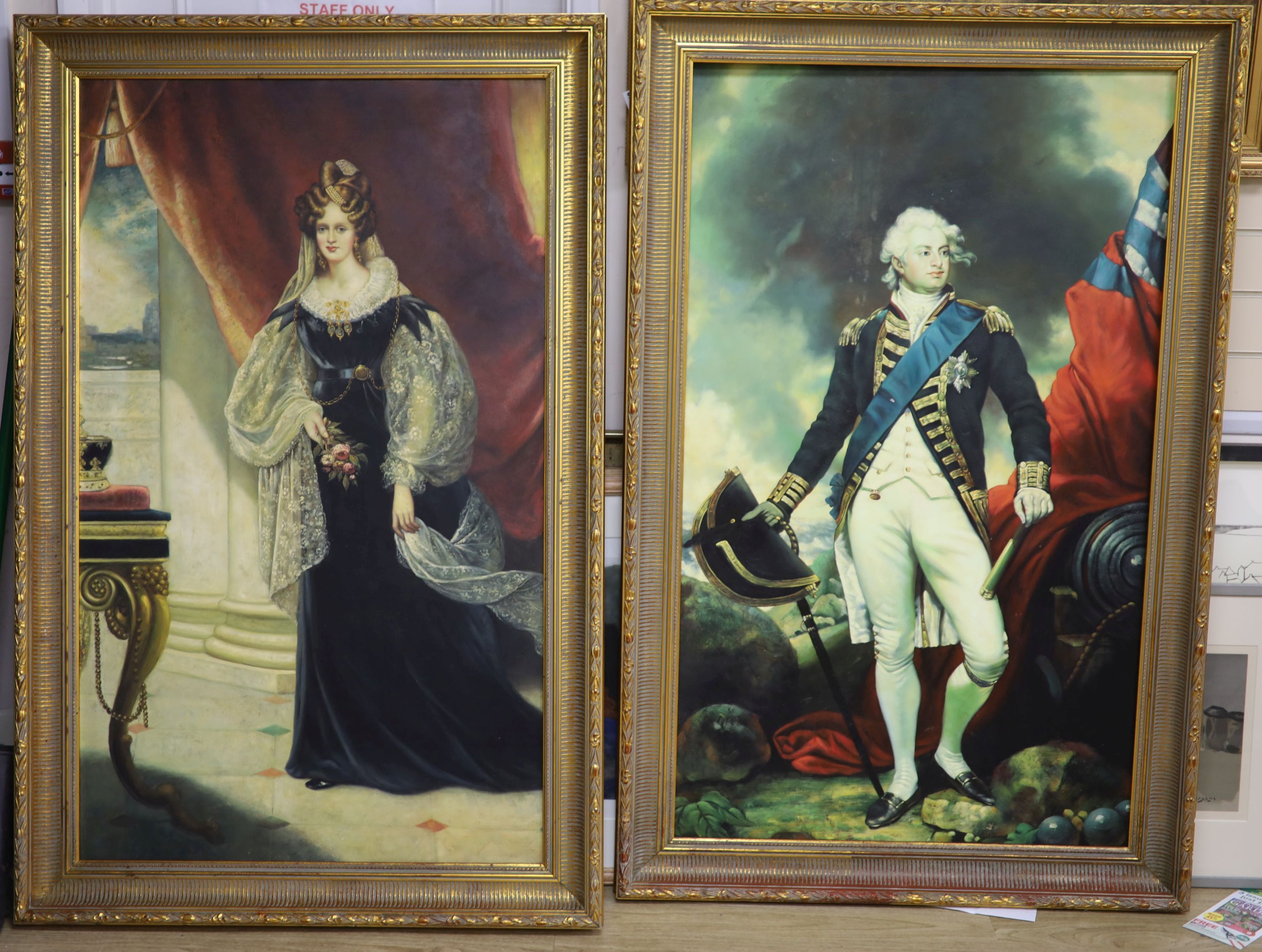 After Sir Martin Archer Shee, pair of oils on canvas, Portraits of King William IV and Queen Adelaide, 126 x 75cm